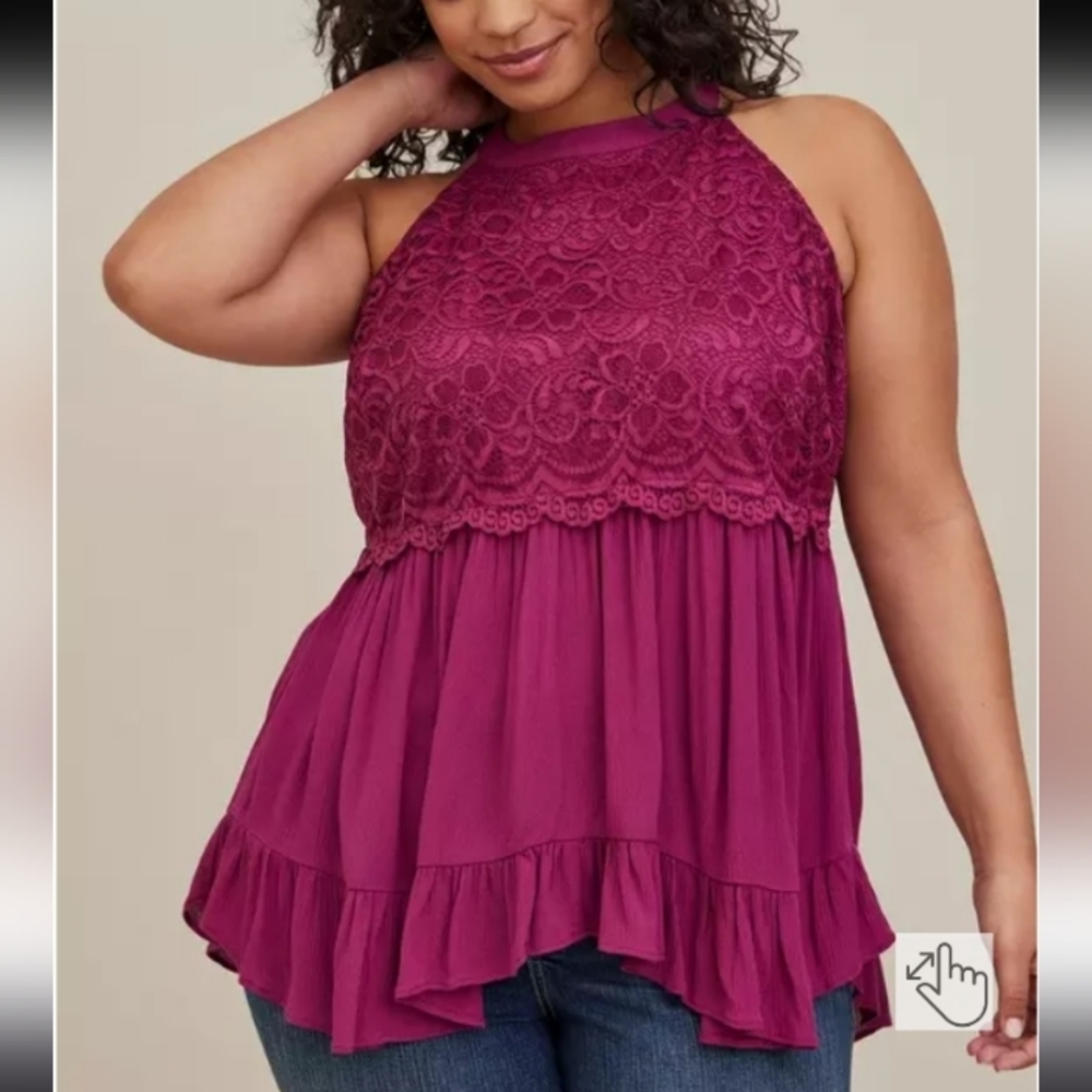 Torrid Babydoll Gauze with Lace Goddess Top in Black